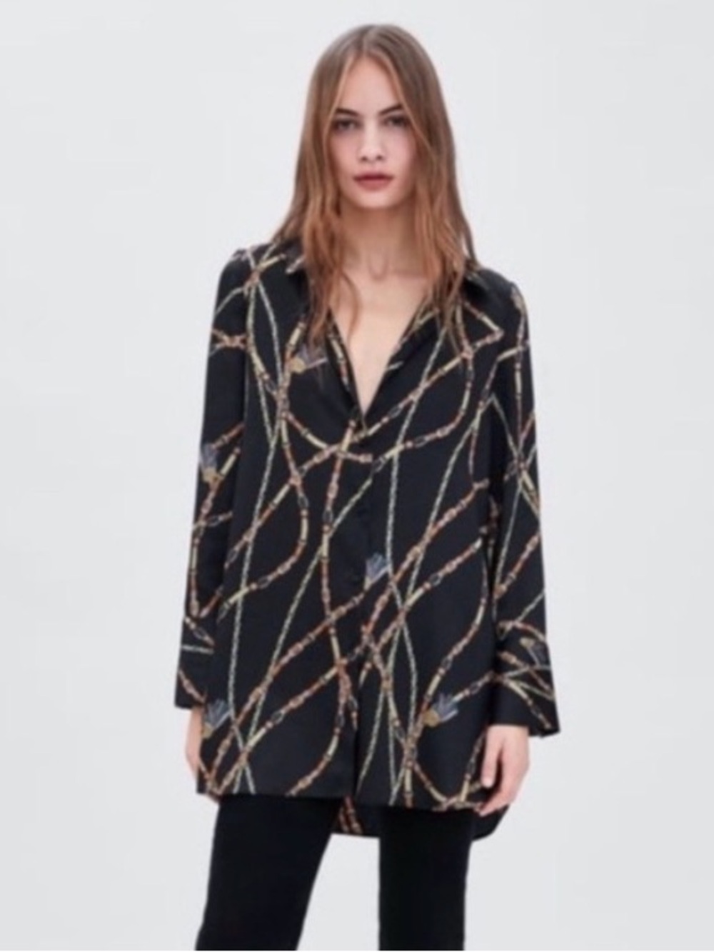 Zara Women’s Long Sleeve Black, Gold, and Brown Print High Low Tunic Blouse, S